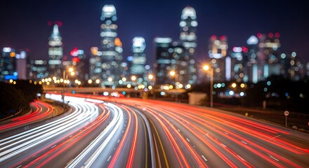 Fototapeta premium Long exposure photograph capturing light trails from fast moving traffic on a curved highway leading towards a blurred city skyline at night