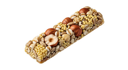 Healthy granola bar with assorted nuts and seeds isolated on black background, perfect for nutritious snacks