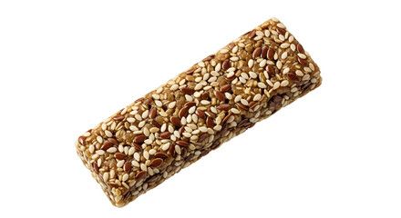 Healthy granola bar with sesame and flax seeds isolated on white background, nutritious snack for energy and diet