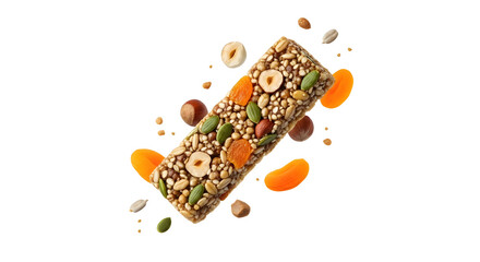 Healthy granola bar with nuts, seeds, and dried apricots isolated on black background, perfect for nutritious snacks or outdoor activities