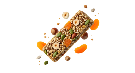 Healthy granola bar with nuts, seeds, and dried apricots isolated on black background, perfect for nutritious snacks or outdoor activities