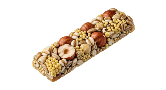 Healthy granola bar with assorted nuts and seeds isolated on black background, perfect for nutritious snacks