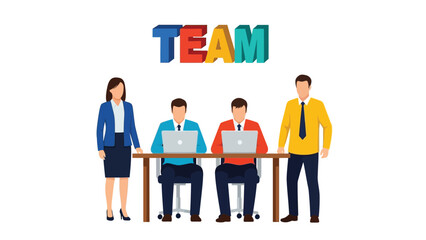 Business Team Working Together on Laptops with 3D TEAM Typography Vector Illustration