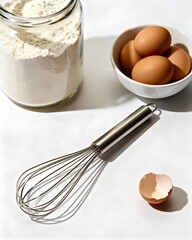 Baking Ingredients with Flour, Eggs and Metal Whisk
