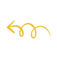 Hand drawn yellow curly left arrow icon. Return, Back, and winding arrow symbol png file transparent background 