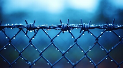 Barbed wire sparkles with droplets of water, reflecting the misty atmosphere of a rainy morning in a secluded area