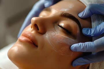 A woman enjoys a soothing facial treatment at a skincare spa. The esthetician applies a mask while the client relaxes in a serene environment filled with soft light and calming features
