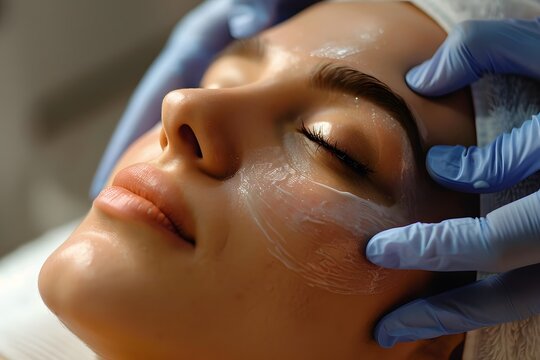 A woman enjoys a soothing facial treatment at a skincare spa. The esthetician applies a mask while the client relaxes in a serene environment filled with soft light and calming features