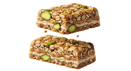 Two healthy granola bars with nuts and dried green pistachios, isolated on white background, perfect for fitness snacks or healthy eating