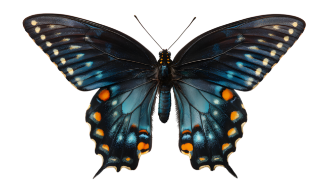 Close up of a black and blue butterfly with orange spots