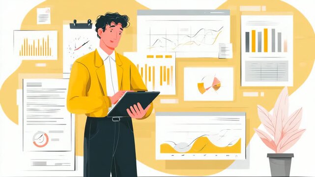 Man analyzing business data charts and reports flat vector illustration for presentation and infogra