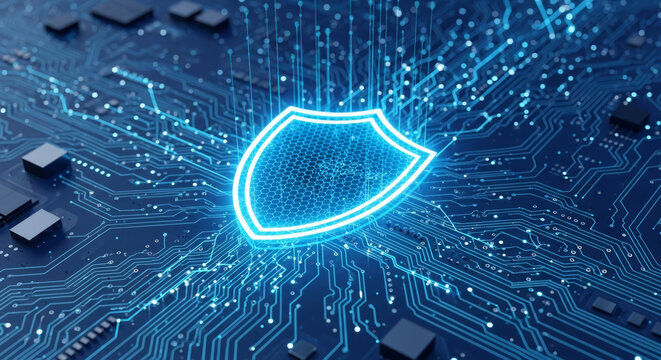 Glowing blue shield symbol on a digital circuit board background technology security