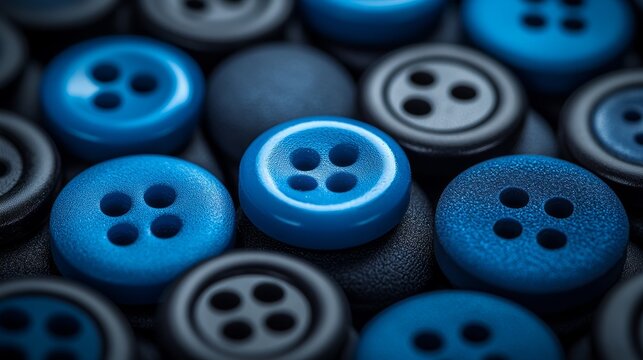 A diverse collection of buttons in vibrant blue and sleek black hues, highlighting their detailed textures and shapes