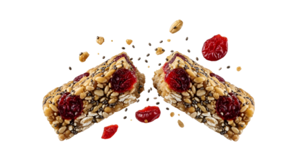 Granola bars with dried cranberries and seeds isolated on white background, healthy snack for energy and nutrition