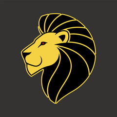 Stylized graphic of a lion's head in profile, featuring a golden face, black mane, and a striking red eye.