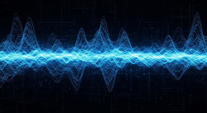 Glowing blue sound wave oscillating on a dark digital background audio music