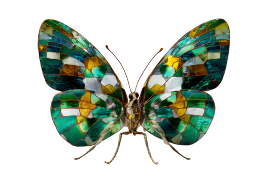 Mosaic butterfly with iridescent wings on black background