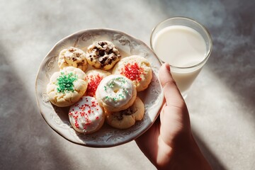 A hand holding a plate of assorted Christmas cookies and a glass of milk. Festive holiday baking with homemade treats and sprinkles. Winter snack tradition