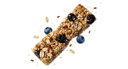 Healthy granola bar with seeds and blueberries isolated on white background, perfect for snacks and fitness nutrition