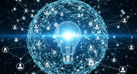 Glowing light bulb connected to global network of people icons connection