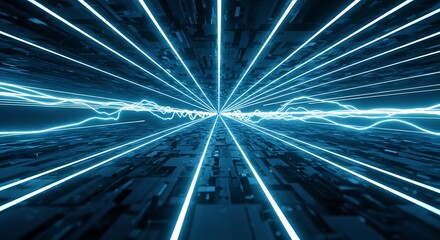 Abstract futuristic tunnel of bright blue neon light lines converging in the center with a glowing waveform overlay, representing data flow or cyberspace