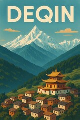 Fototapeta premium Stylized poster of Deqin with a golden-roofed Tibetan temple and surrounding village set against towering snow-capped mountains under clear blue skies
