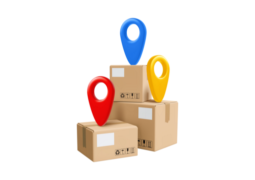 Delivery boxes with colorful location pins isolated on transparent background