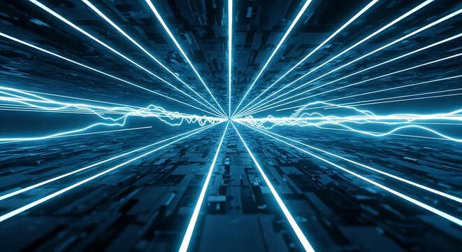 Abstract futuristic tunnel of bright blue neon light lines converging in the center with a glowing waveform overlay, representing data flow or cyberspace