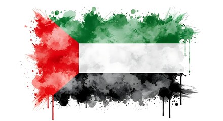 Abstract watercolor splash art of the united arab emirates flag design with vibrant colors and dripping paint effect isolated on white background