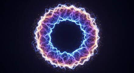 Glowing particle ring with blue purple and orange light waves abstract background