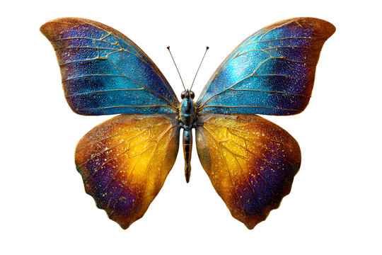 Iridescent blue and gold butterfly against a black background