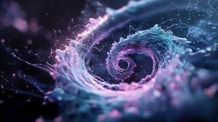 An abstract, swirling form resembling a nebula or galaxy, with intricate patterns of light and particles against a dark background. The colors are predominantly