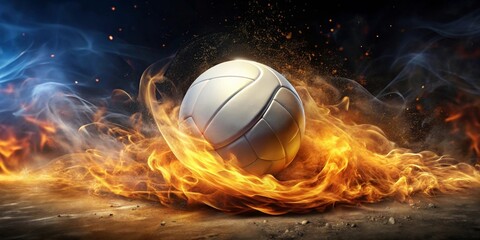 Fiery Volleyball A Dynamic Image of a Ball Enveloped in Blazing Flames and Swirling Smoke on a Dusty Ground