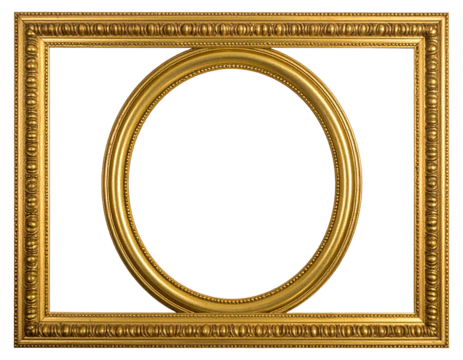 Ornate oval and rectangular gilded picture frame with black background