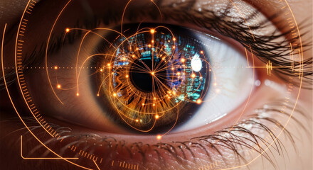 Human eye with digital network overlay and city lights reflection iris pupil