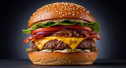 Delicious burger with fresh ingredients and sesame seed bun against a dark backdrop