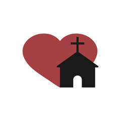 Church heart icon with religious cross and building. Vector illustration. 