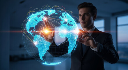 Man in suit interacting with glowing digital globe network connections earth