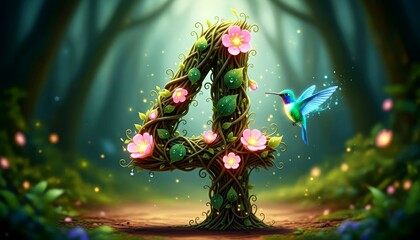 Number four decorated with flowers and hummingbird in forest setting  