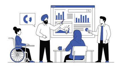 Diverse Business Team Collaborating on Data Analysis and Innovation Strategy. Inclusive Meeting Presentation with Charts and Graphs Vector Illustration.