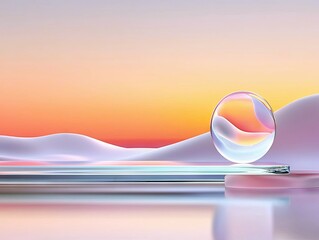 A translucent sphere rests on a glass platform, set against a backdrop of undulating forms and a gradient sky, creating a surreal and abstract landscape.