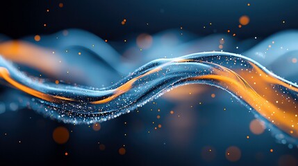 A digitally created image of an abstract wave form with orange and blue colors and particles, set against a dark background.