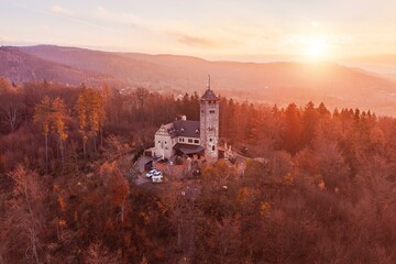 The Liberecka Vysina Lookout Tower stands majestically in Liberec, Czechia