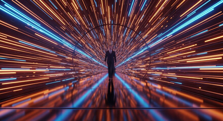 Man in suit walks through glowing orange and blue light tunnel walking