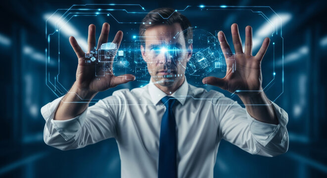 Man in white shirt and blue tie interacting with futuristic blue digital interface male businessman