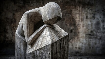 A stone sculpture depicting a figure in a posture of deep sadness or contemplation, with its head bowed and arms resting on a geometric base. The lighting is dr