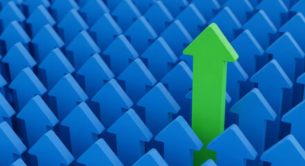 One green arrow stands out from a crowd of blue arrows pointing up standing out