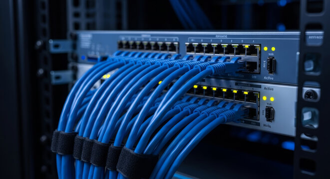 Network server rack with blue ethernet cables and active lights blue cables