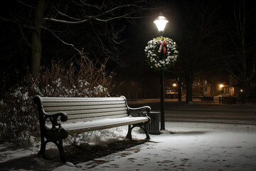 A snowy park bench and a decorated lamppost at night in a winter landscape