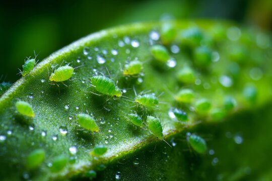 Close view of green aphids on a leaf covered with water droplets during a warm afternoon in a garden